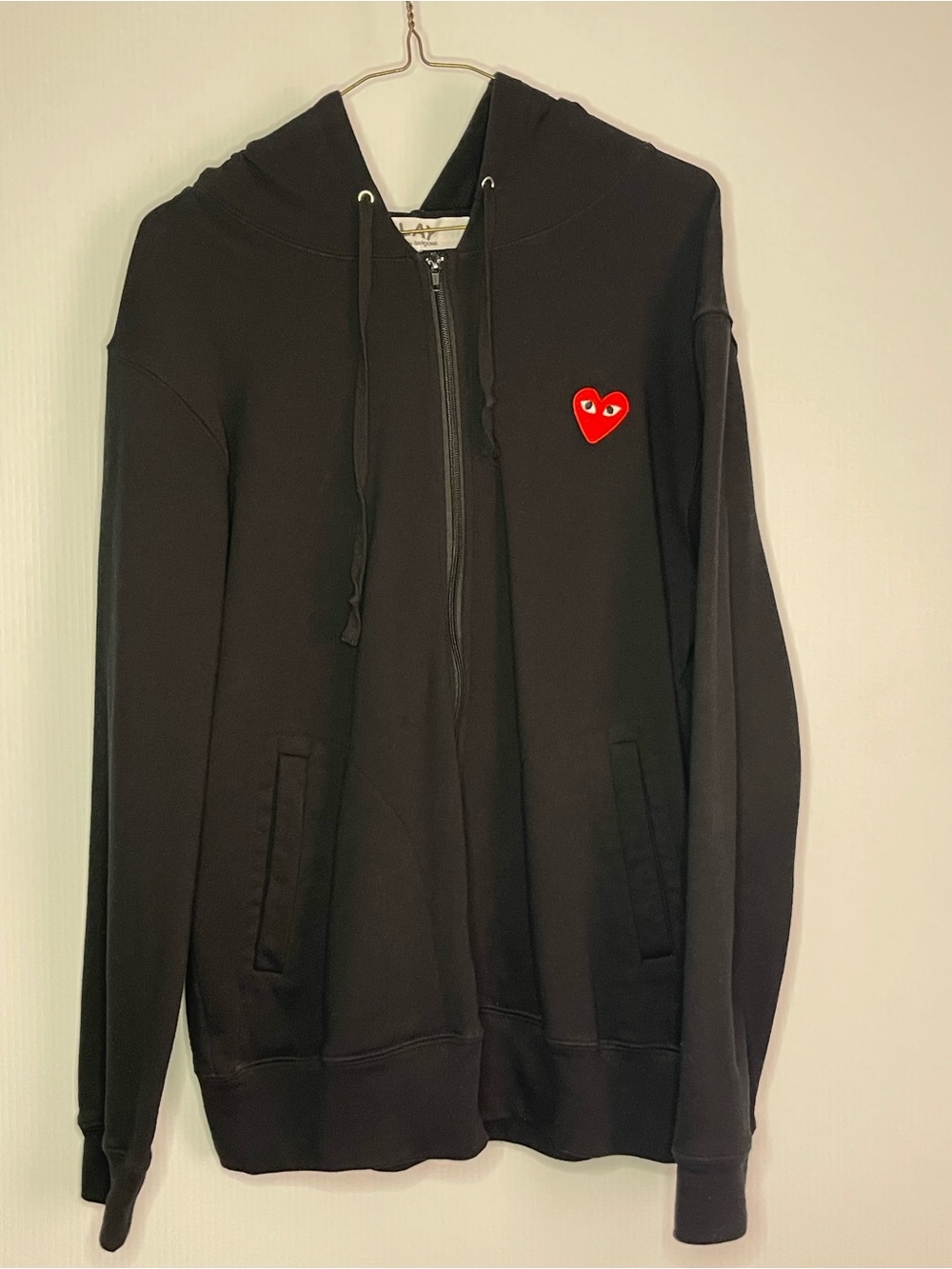 Comme des Garcons Black Zip Hoodie with Red Heart Patch